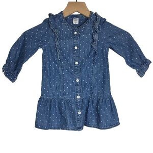 GAP Baby Polka Dot Chambray Dress Ruffle Long Sleeve Button Front Denim Size 2T